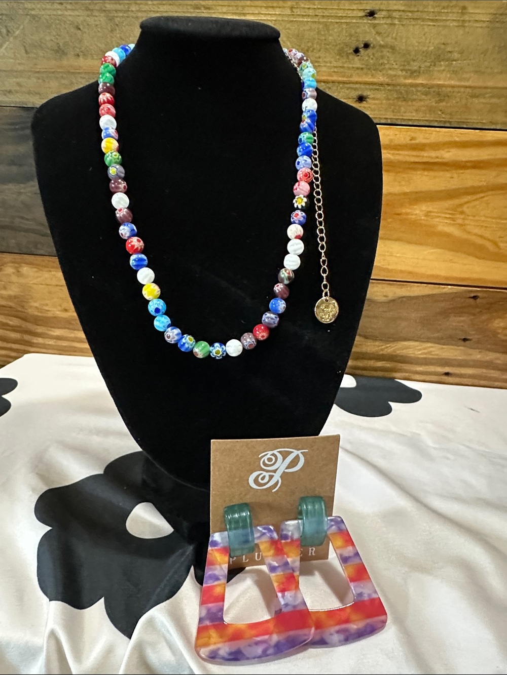 Colorful Beaded glass Necklace with Gold Charm & earrings
